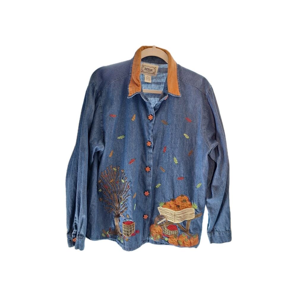 Vintage Tantrums Size XL Pumpkin Leaves Denim Button Down Shirt